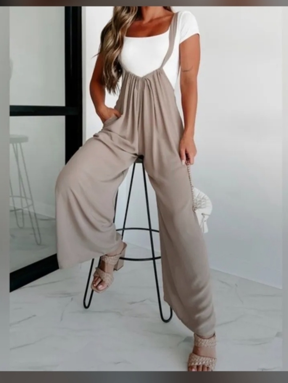 Zenana Outfitters Relaxed Wide-Leg Jumpsuit in Taupe